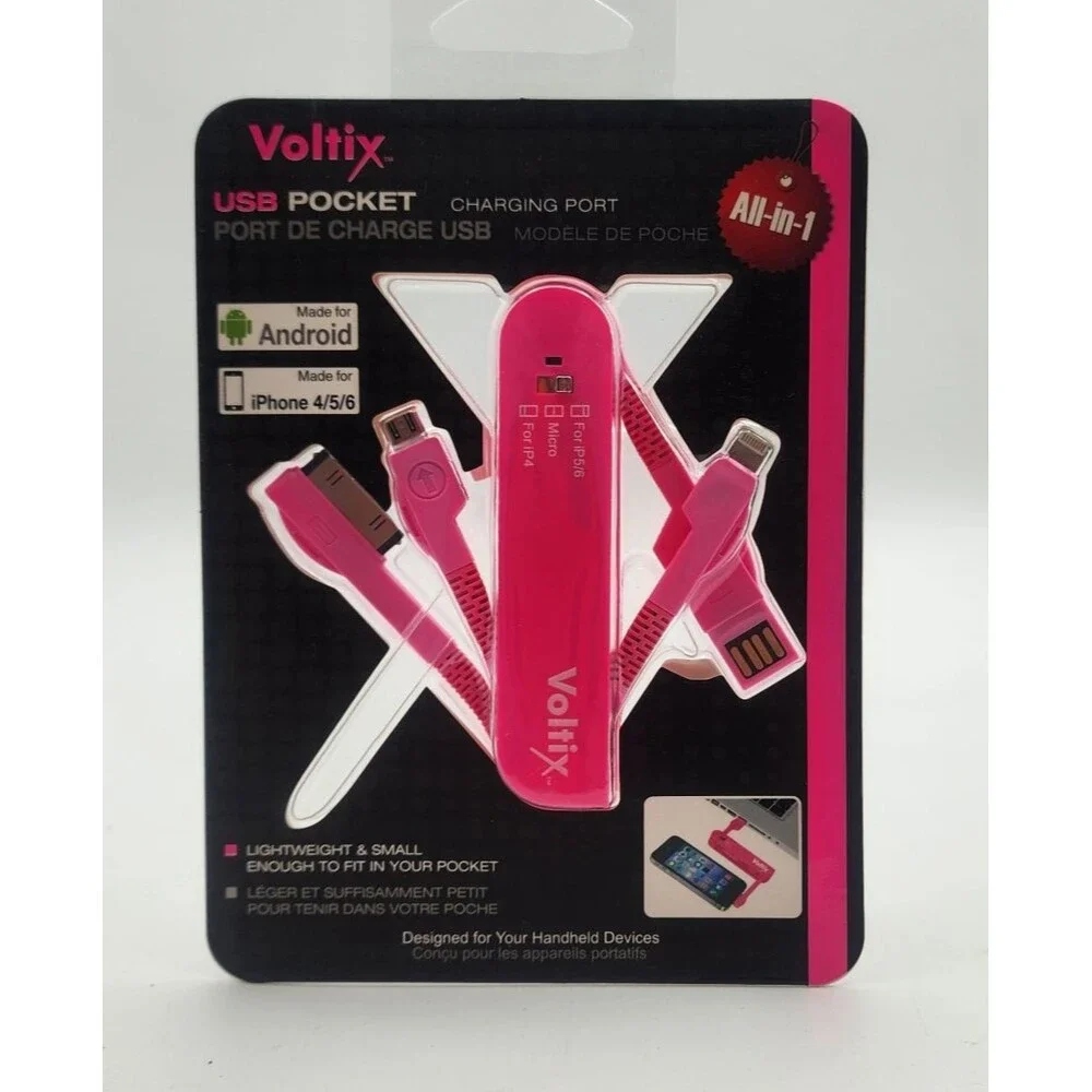 Voltix USB Pocket Charging Port - Pink Bult in Cables with Connectors